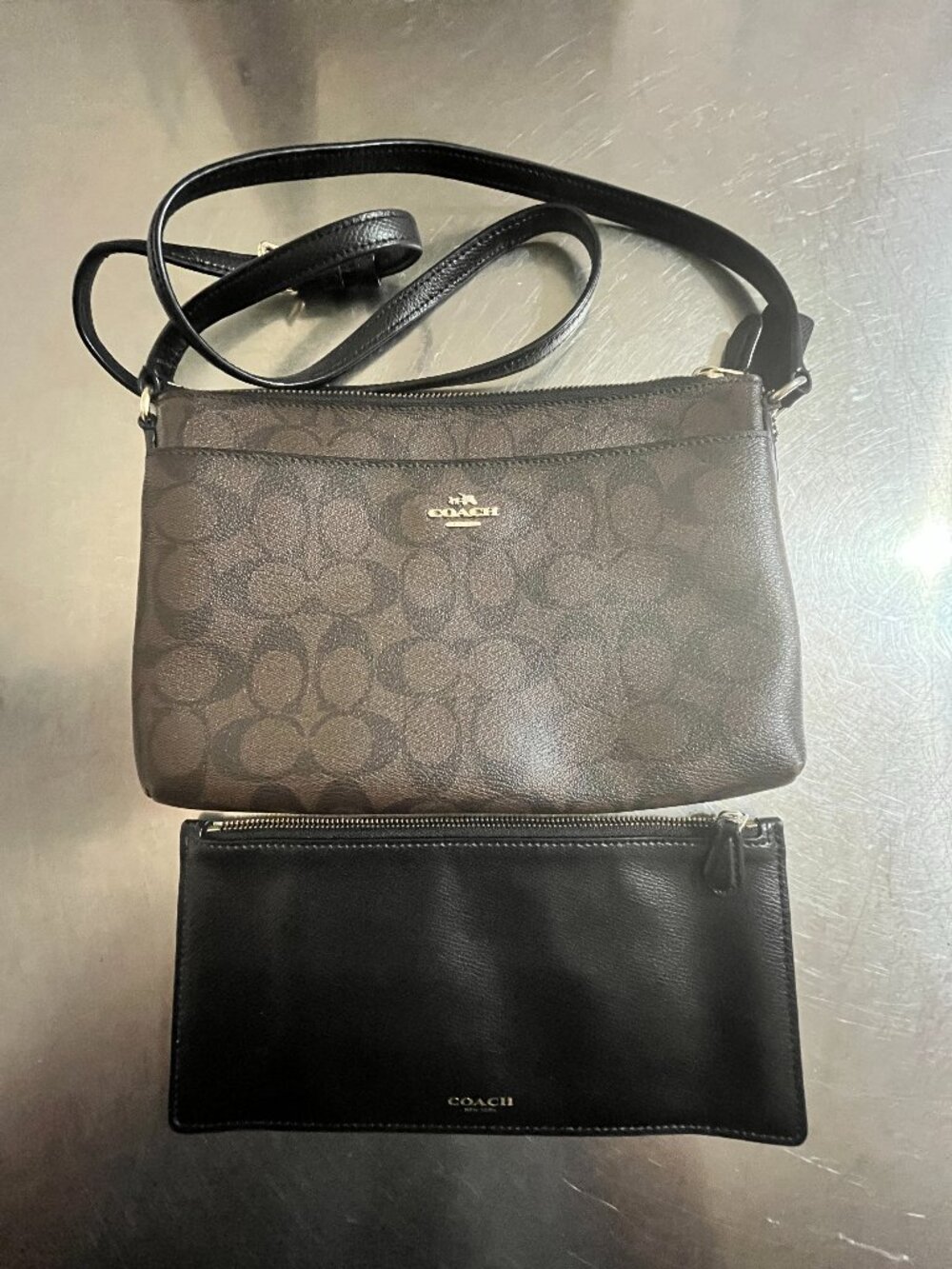 COACH Signature East/West Pop Crossbody Bag in Brown & Black.